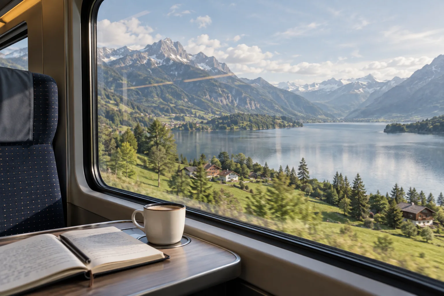 Uitzicht vanuit een trein op bergen en een meer