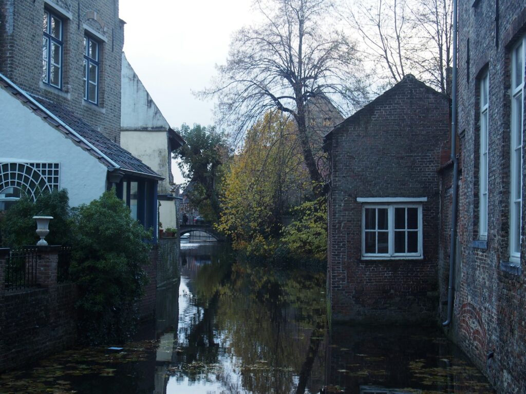 Grachten van Brugge met oude gevels en herfstbomen