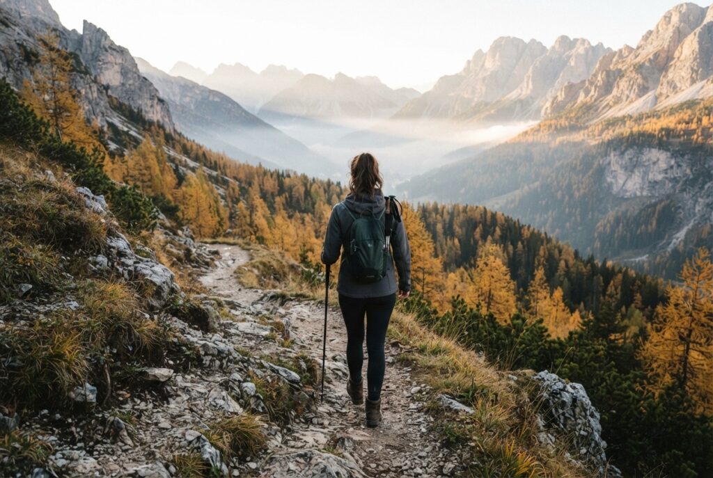 Wandelaar op een bergpad in de Alpen tussen gele lariksen in de herfst