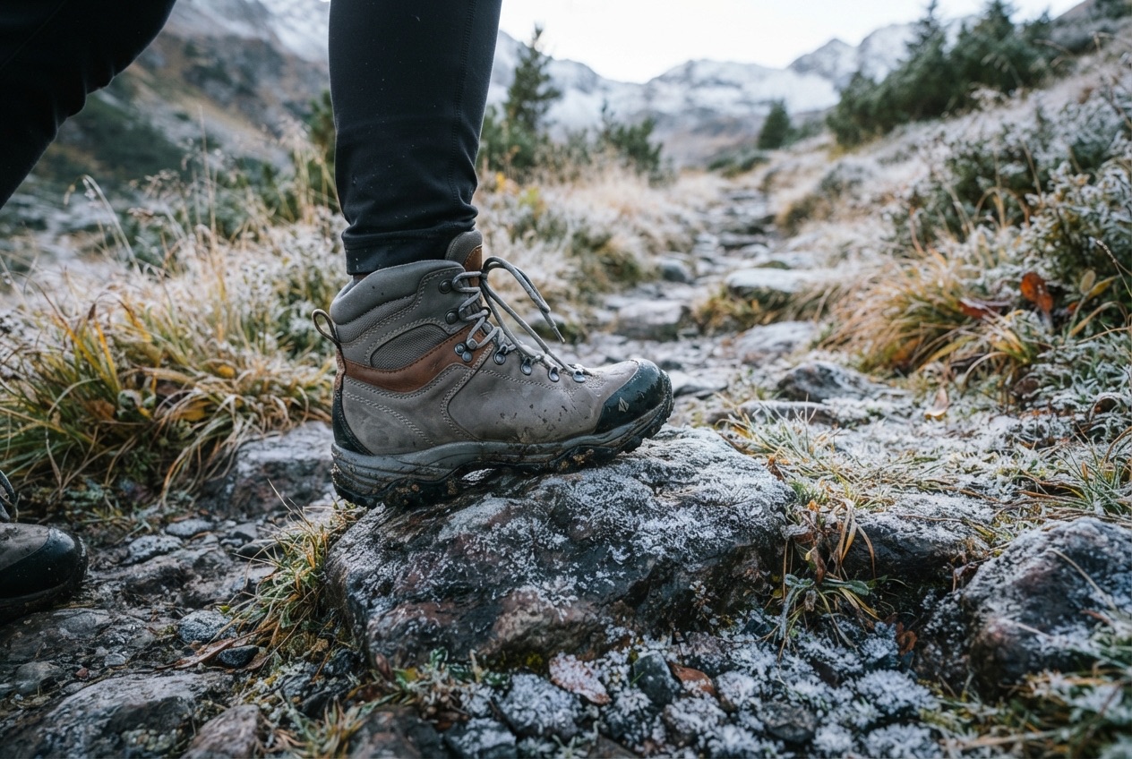 Middelhoge wandelschoenen op berijpte stenen op een bergpad in de vroege ochtend