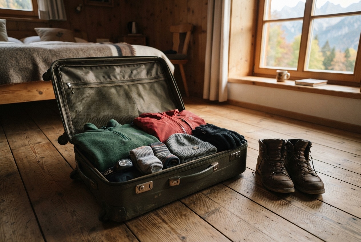 Ingepakte koffer met fleece, regenjas, wandelsokken en muts voor een wandelvakantie in de bergen